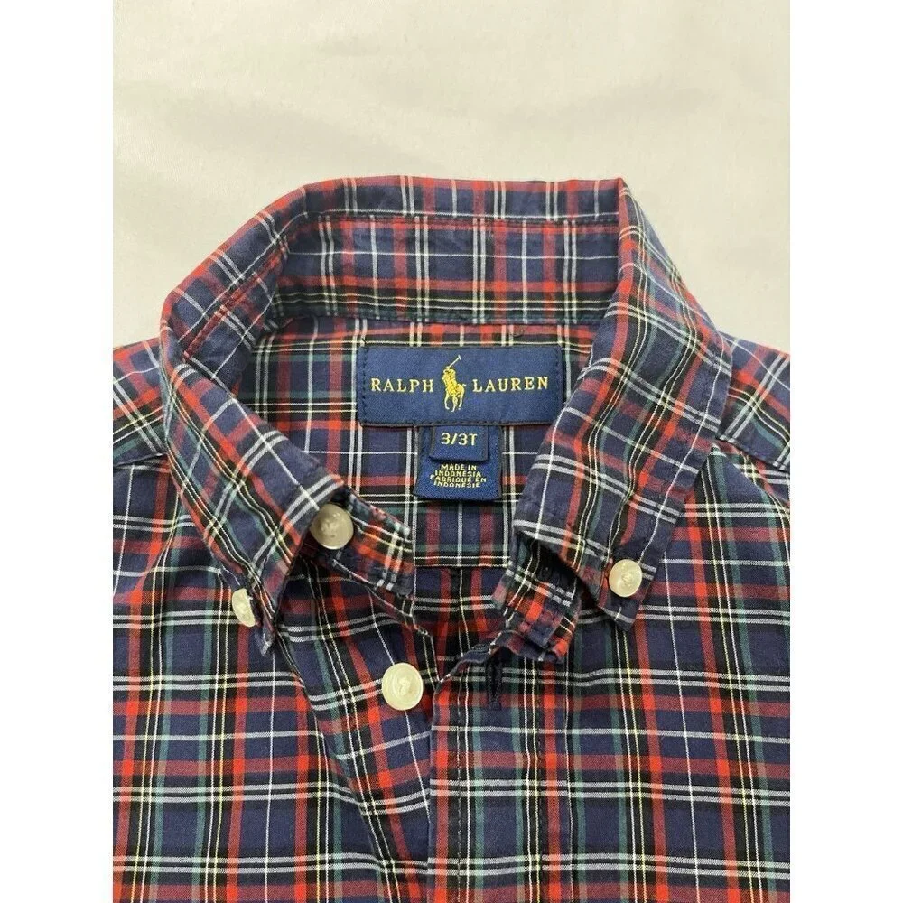POLO RALPH LAUREN Boys Long Sleeve Button Down shirt button front 3T Navy Red